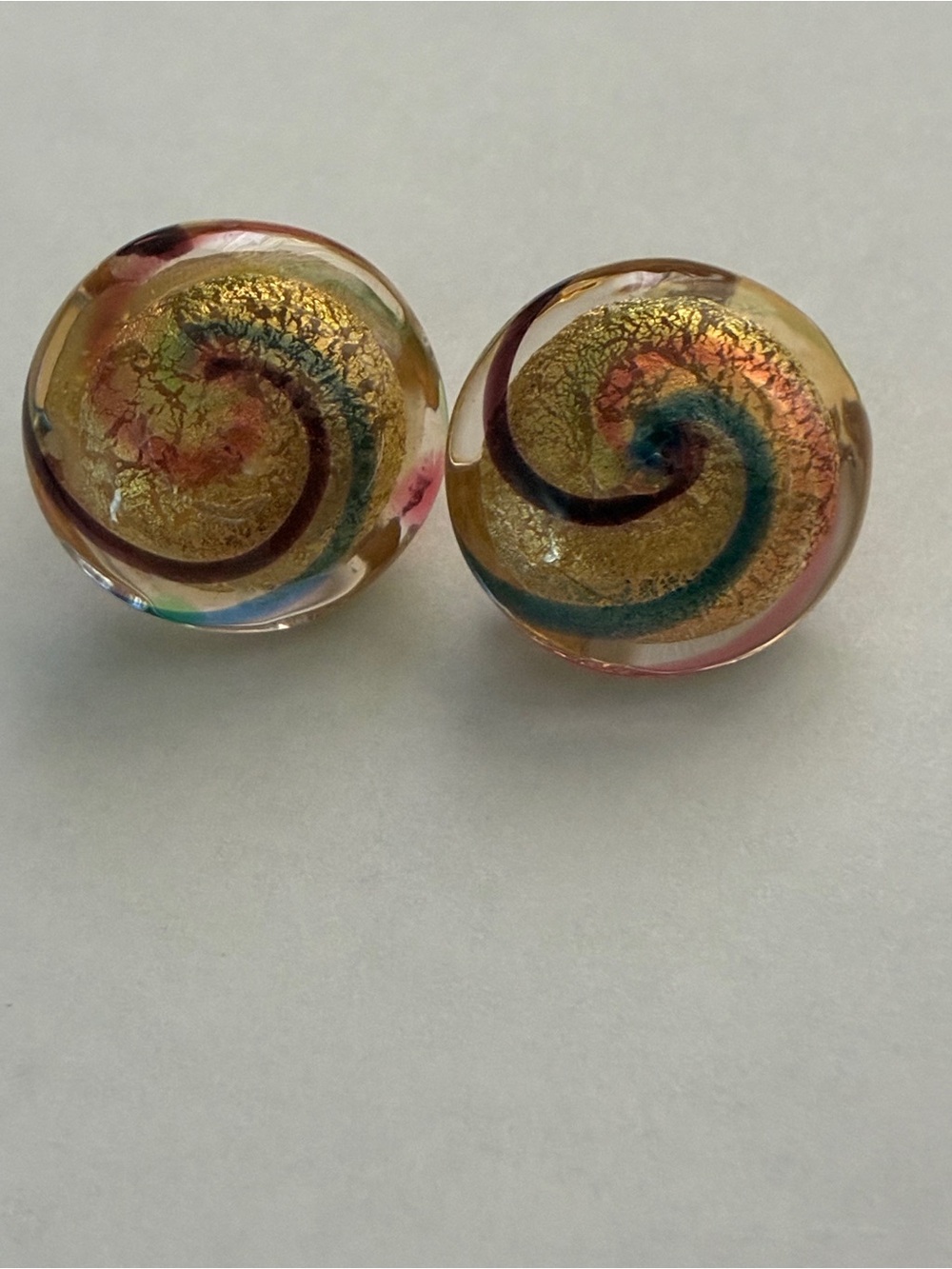 Gold Swirl Glass vintage clip on earrings- Multicolor